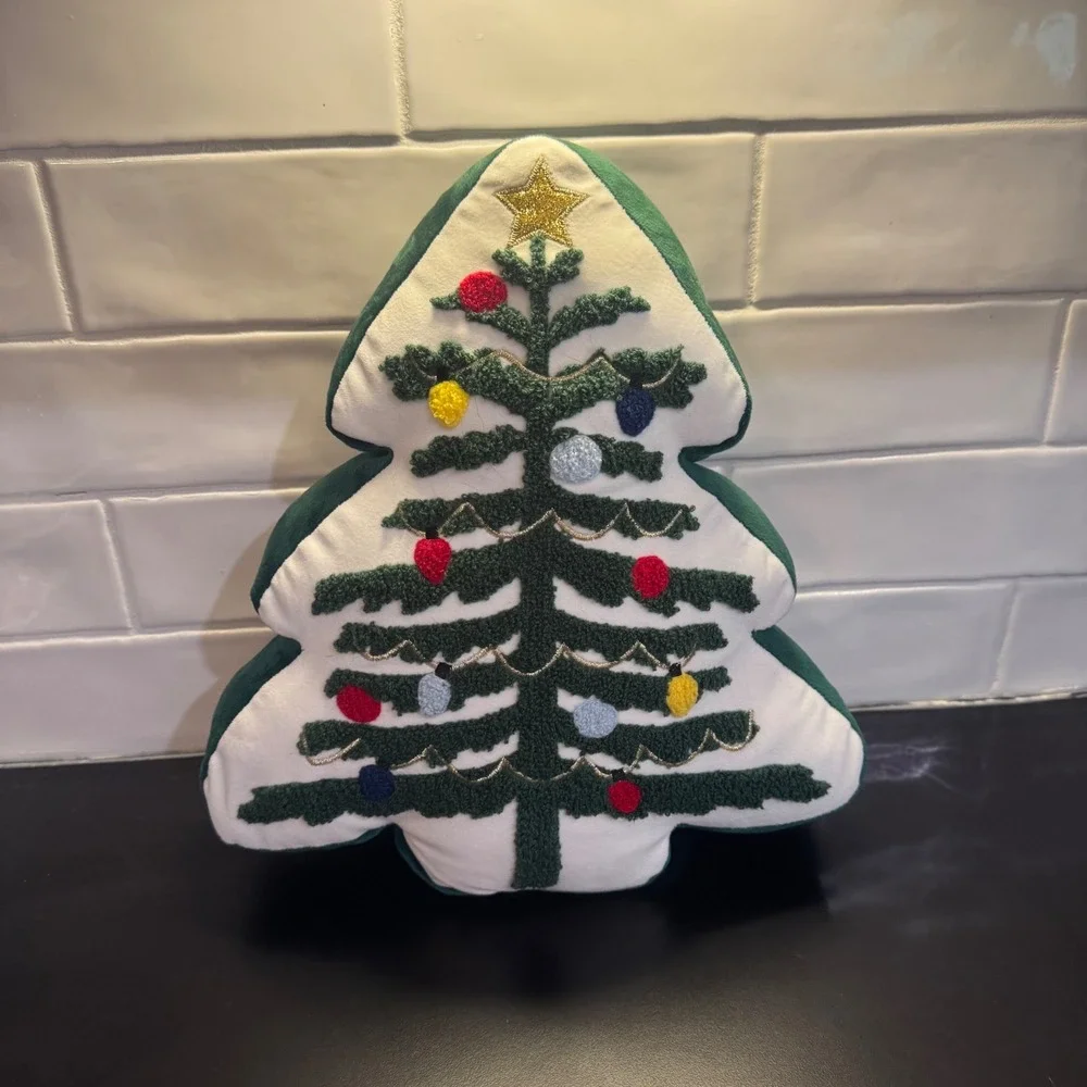 Christmas Tree Decorative Pillow Small Green White Embroidered‎ Holiday Decor